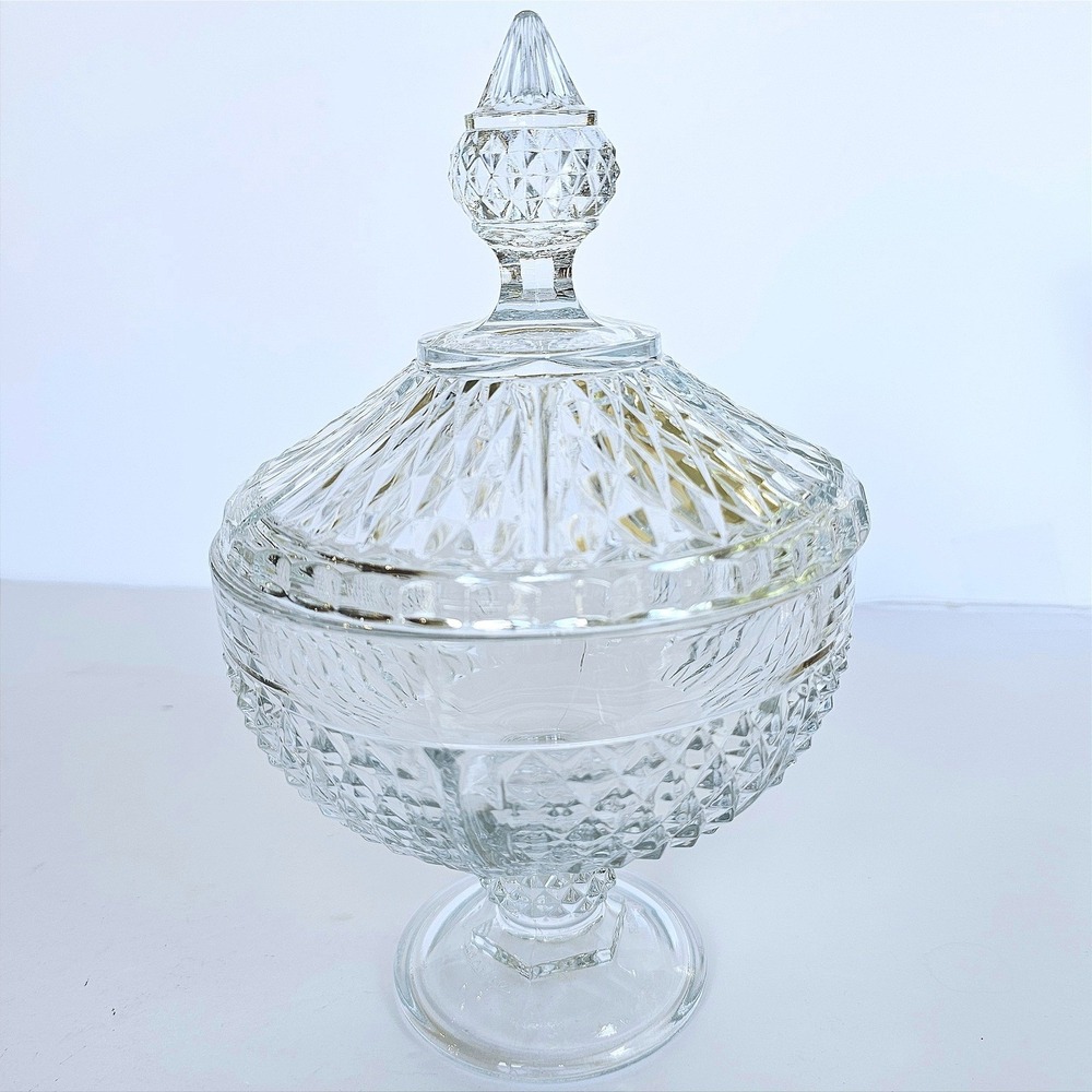 Vintage Pasabahce Glass Candy Dish Footed Lidded Compote Diamond Point Decor